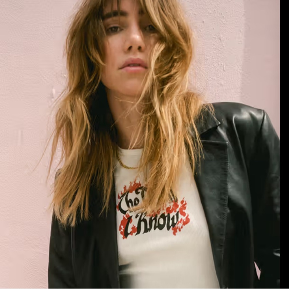 Reformation NWOT Muse White Tee with Red and Black Print